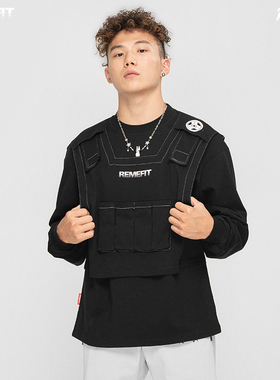 REMEFIT 重工美式战术马甲 假两件纯棉弹力宽松运动健身坎肩长袖