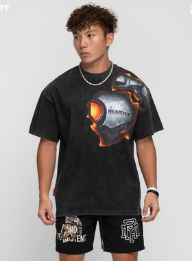 REMEFIT 燃烧机甲 美式重磅直喷男女廓形水洗做旧复古宽松短袖