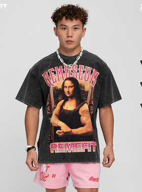 REMEFIT 肌肉艺术馆 恶搞世界名画美式重磅水洗做旧廓形短袖