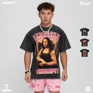 REMEFIT 肌肉艺术馆 恶搞世界名画美式重磅水洗做旧廓形短袖