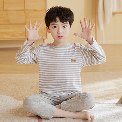 2024新款男童睡衣春秋儿童纯棉长袖薄款家居服大童男孩空调服套装