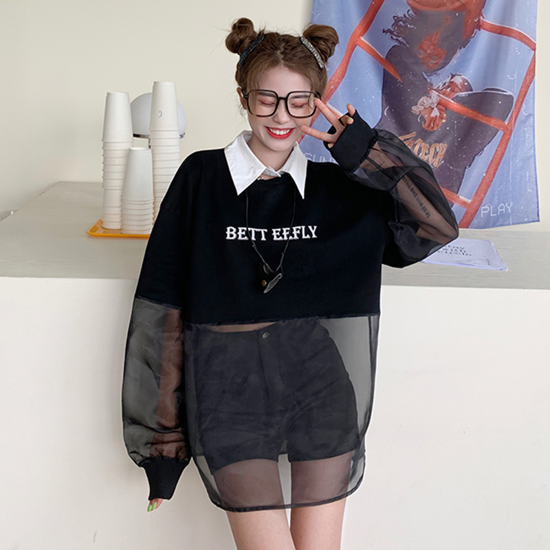 Real shot mesh stitching T-shirt half perspective long sleeve sunscreen Shirt Shorts two piece set