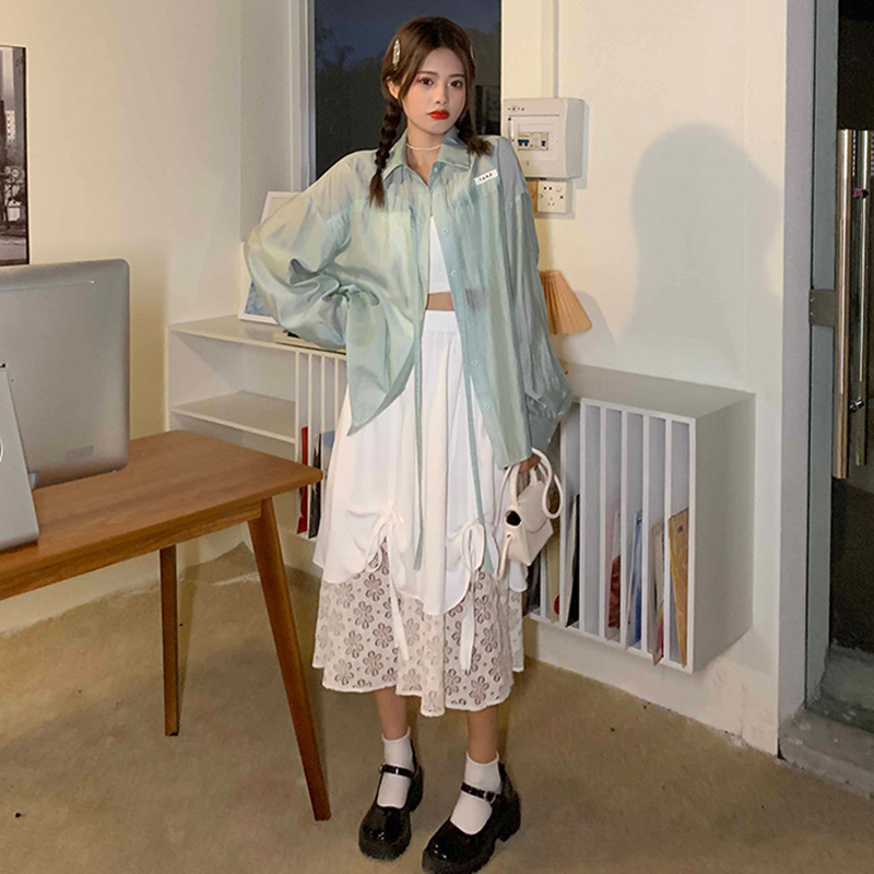 Real shot design sense drawstring ribbon long sleeve sunscreen shirt splicing high waist mid length skirt