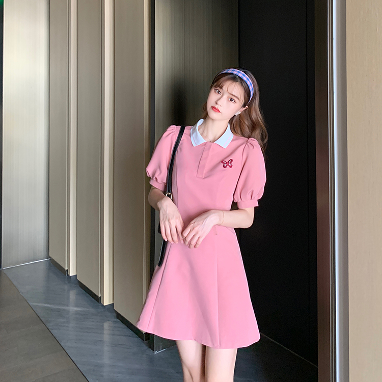 Real photo quality inspection dress fashion Korean A-line skirt shows slim waist and small crowd polo collar temperament skirt
