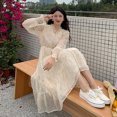 Real picture V-neck lace lantern long sleeve drawstring waist dress