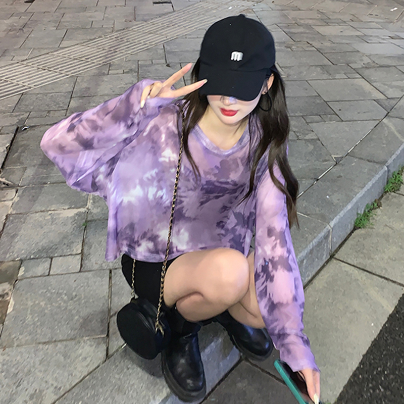 實拍 扎染薄款長袖短款防曬罩衫開叉短裙套裝