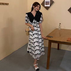 Real time baby collar bubble sleeve waist print dress