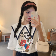 Real shot Navy collar letter cartoon short sleeve T-shirt