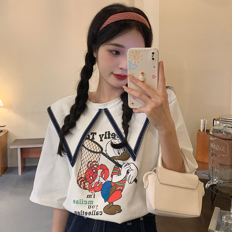 Real shot Navy collar letter cartoon short sleeve T-shirt