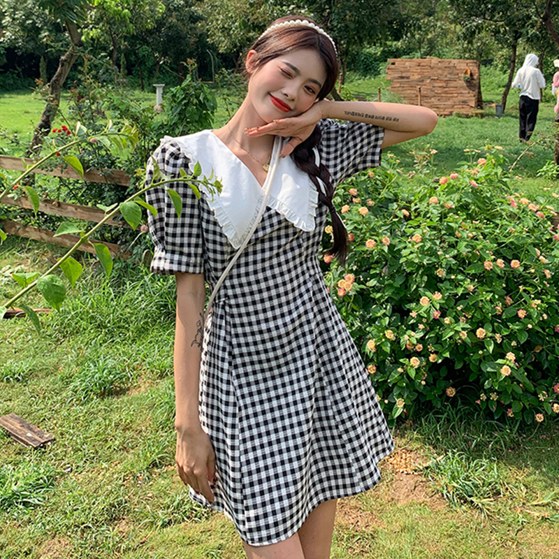 Real shot color matching Lapel waist closed Bubble Sleeve Plaid Dress