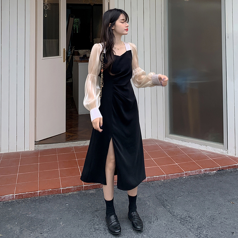 Real shot long and short bubble sleeve stitching square collar side slit high waist dress