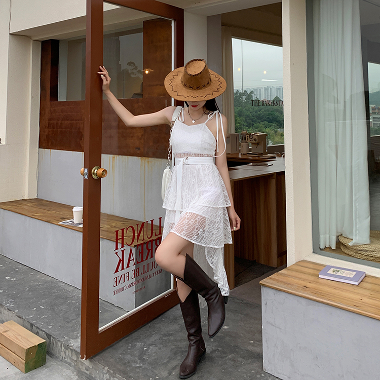 Real shot design feeling irregular lotus swing bandage white suspender lace skirt