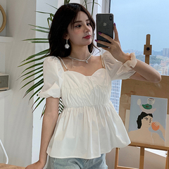 Real shot square neck open back Ruffle bubble sleeve suspender top