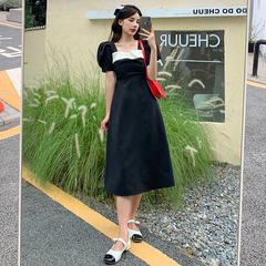 Real shot square neck bubble sleeve open back bow dress