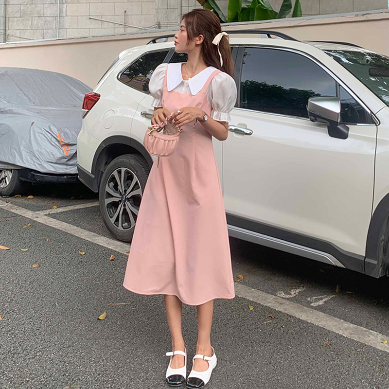 Real French Lapel short sleeve stitching skirt fake two petal Sleeve Chiffon Dress