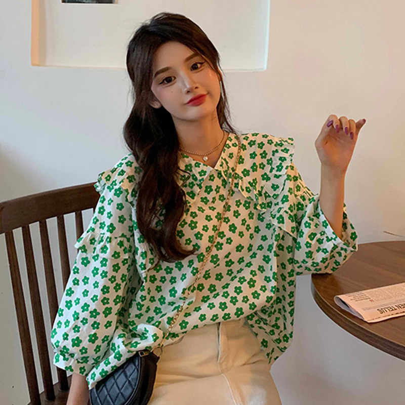 Real time floral doll collar Ruffle shirt