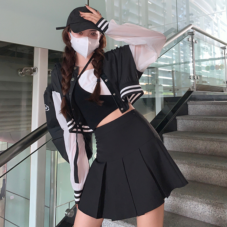 Real shot thin sunscreen short splicing Baseball Jacket jacket suspender skirt suit