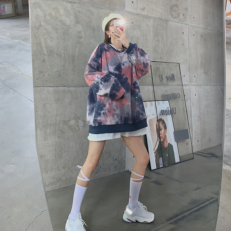 Real shot tie dyed sweater women's middle length loose and thin long sleeve top fashion