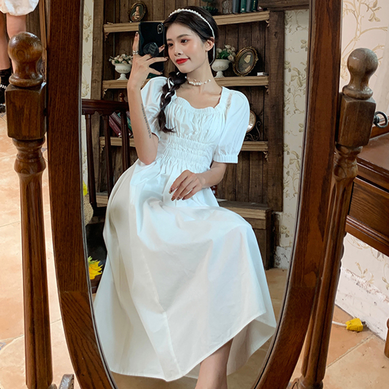 Real time bubble sleeve square collar Platycodon grandiflorum dress