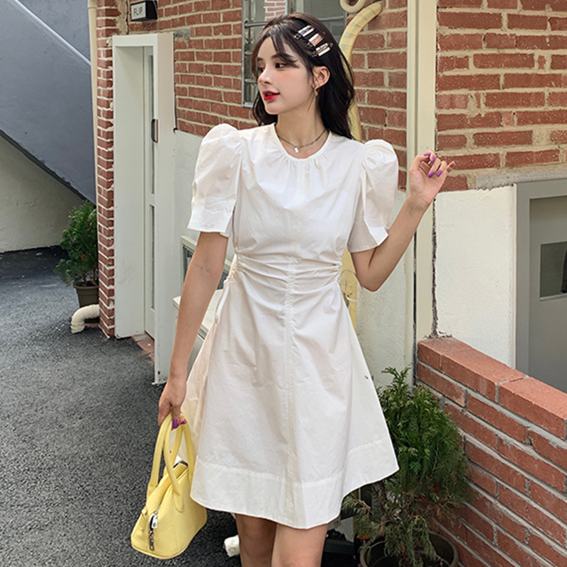 Real shot waist closed pleated bubble sleeve open waist dress