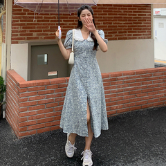 Real French baby collar bubble sleeve Floral Dress