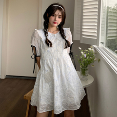 Real shot short and long fresh summer small blue floral dress