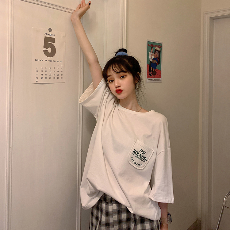 Real shot pattern letter print round neck short sleeve T-shirt