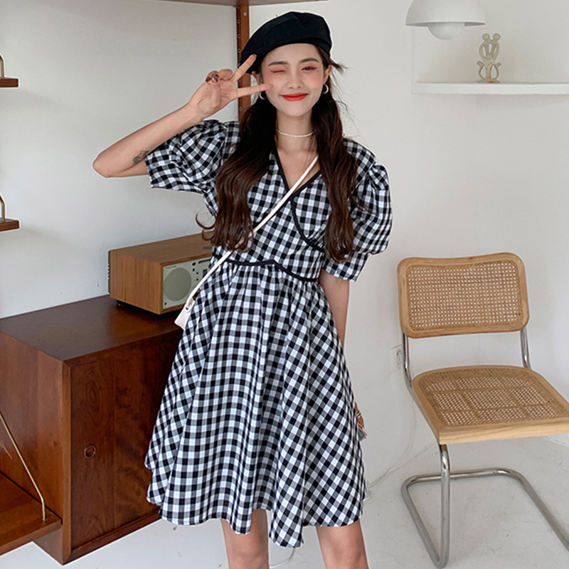 Real French V-neck Bubble Sleeve Plaid Dress