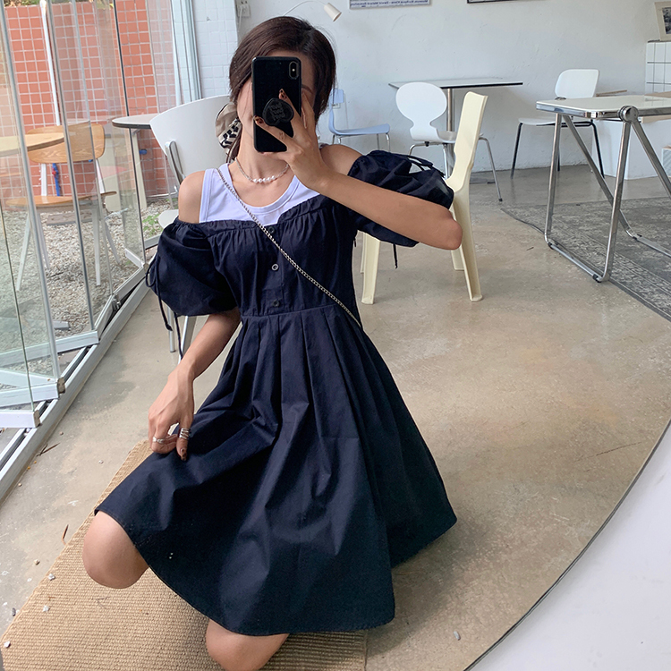 Real design vest skirt fake two piece patchwork off shoulder dress