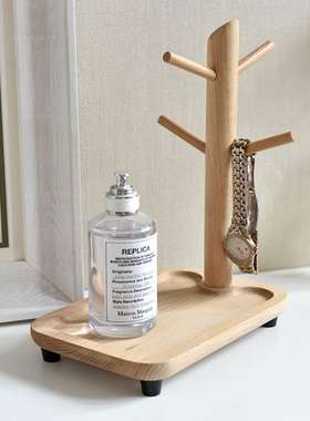 纳朴中古风实木质玄关客厅收纳架钥匙发圈项链首饰展示架高脚托盘