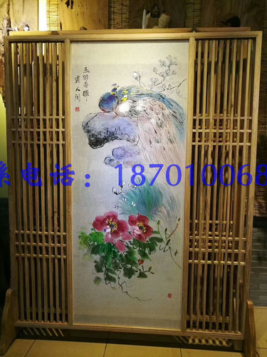 新中式现代简约格栅实木花格客厅屏风隔断玄关纱画半透明布艺座屏