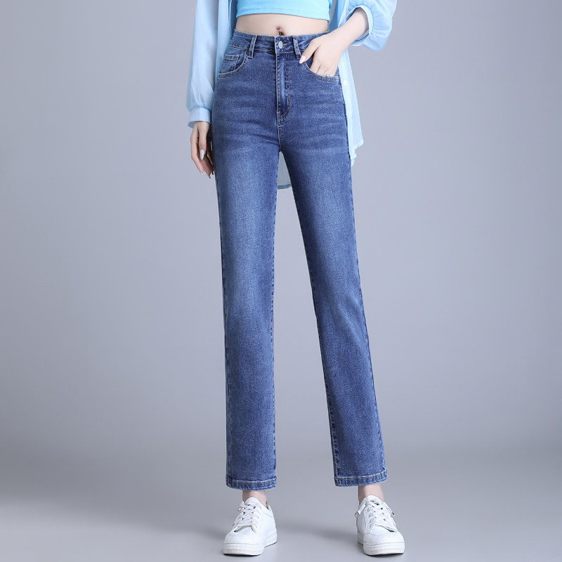 蓝色高腰直筒牛仔裤女2025年秋季修身显瘦弹力小个子九分中年妈妈