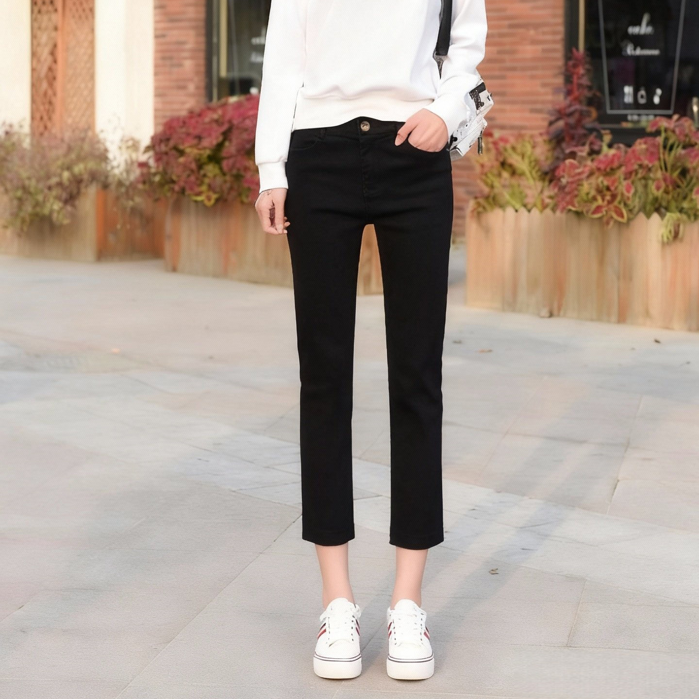 小个子烟管裤黑色九分直筒牛仔裤女修身显瘦八分裤