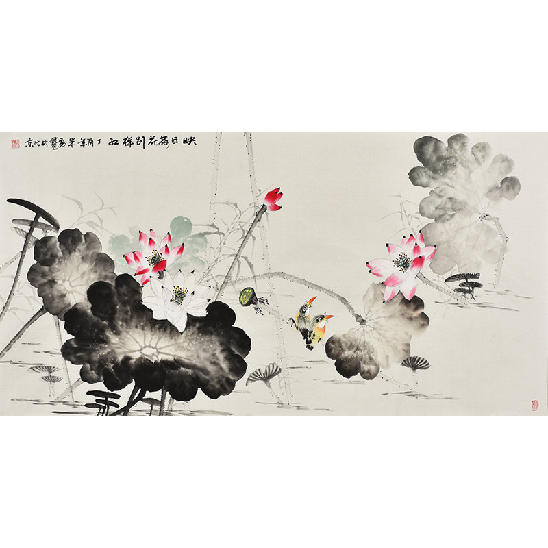 手绘四尺横幅写意花鸟画水墨荷花 映日荷花别样红 新中式装饰画