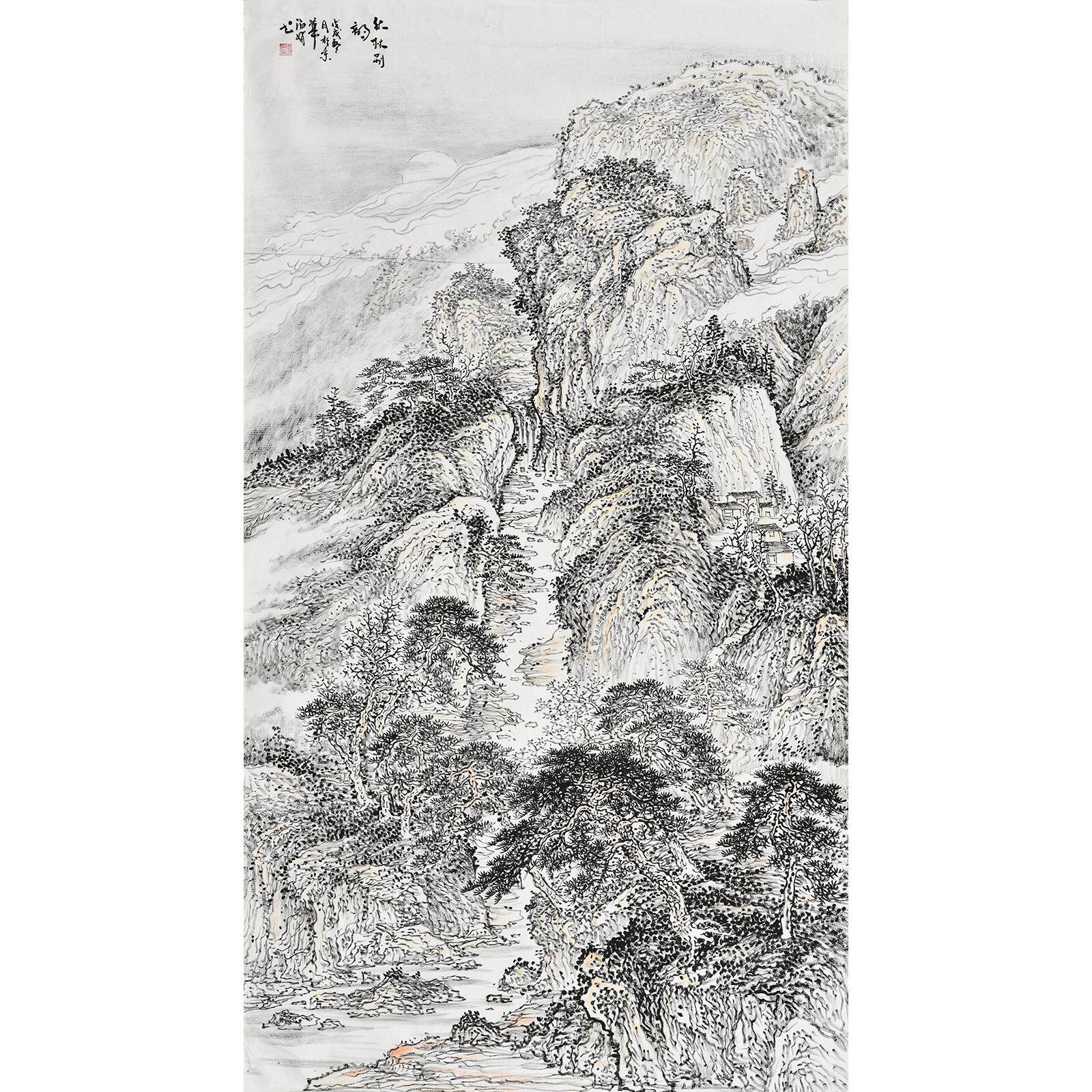 1.8米竖幅国画水墨山水画 秋林别韵 别墅挂画酒店餐厅大堂装饰画
