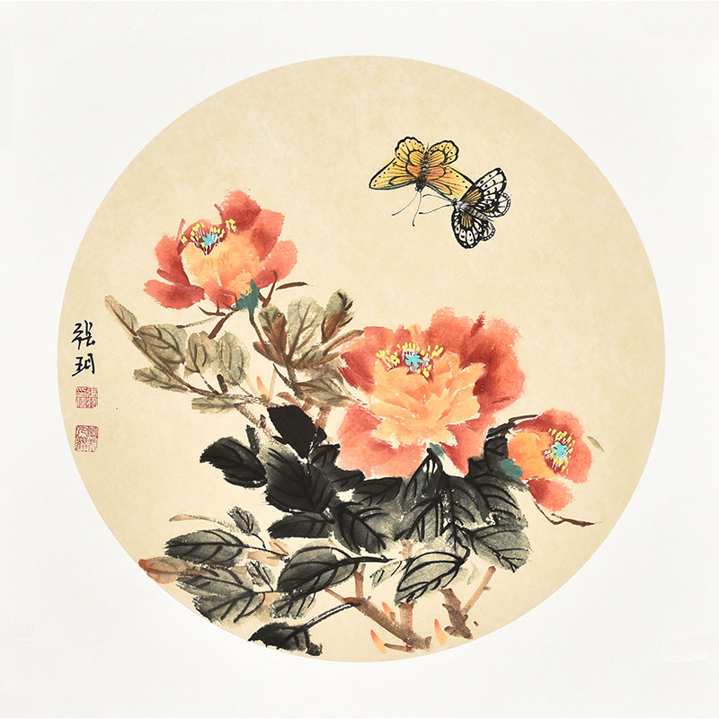 美协名家纯手绘国画花鸟画《蝶恋芳》圆心小品画 电表箱装饰画