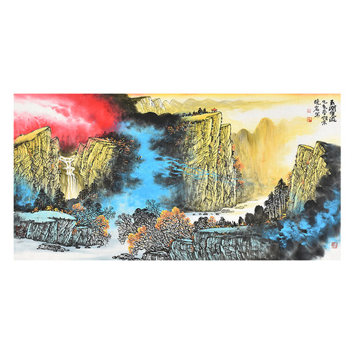美协名家纯手绘泼彩彩墨山水画玉润双流祥云流水招财靠山图国画