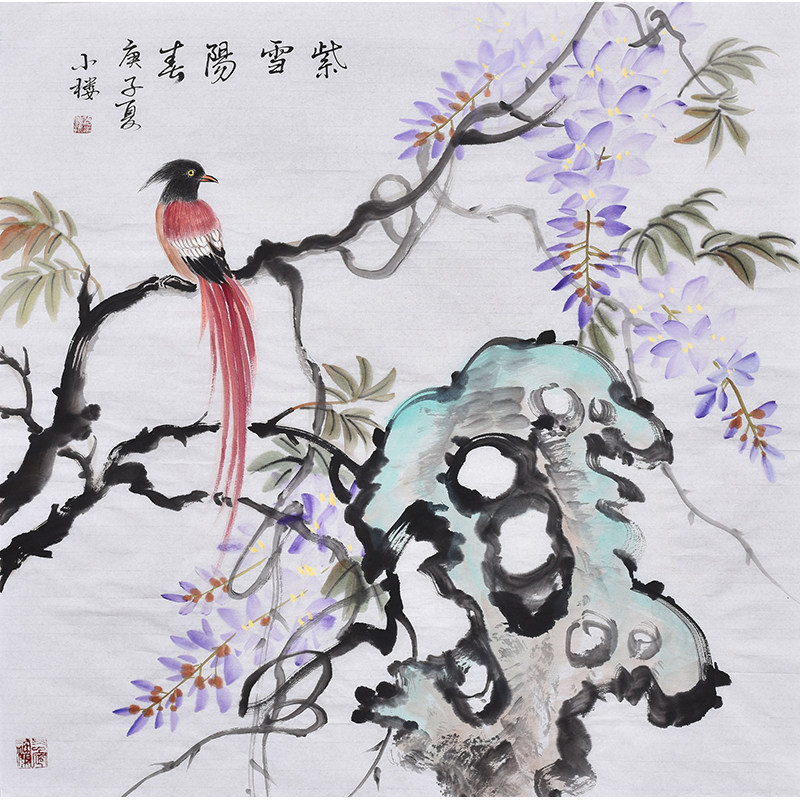 艺术家手绘国画花鸟画紫藤紫气东来紫雪阳春餐厅装饰画轻奢高级感