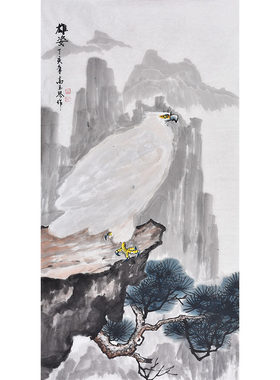 清华美院画家高老师手绘水墨花鸟画松树老鹰白鹰《凌云》手写真迹