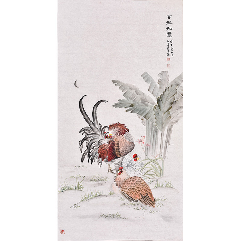 竖幅中国画雄鸡图公鸡母鸡画工笔画名家花鸟字画玄关客厅大吉大利