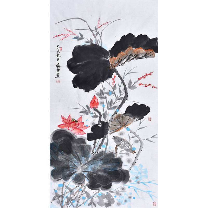 百年好合并蒂莲荷花入户玄关装饰画国画水墨画花鸟画走廊过道挂画