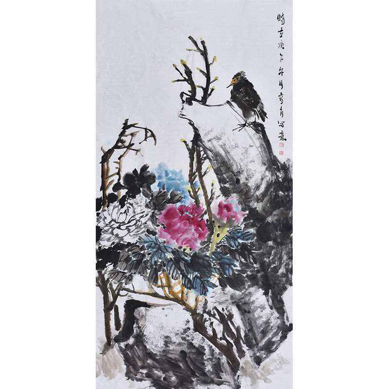 山西美协名家纯手绘水墨花鸟画牡丹《富贵花开》带合影字画真迹