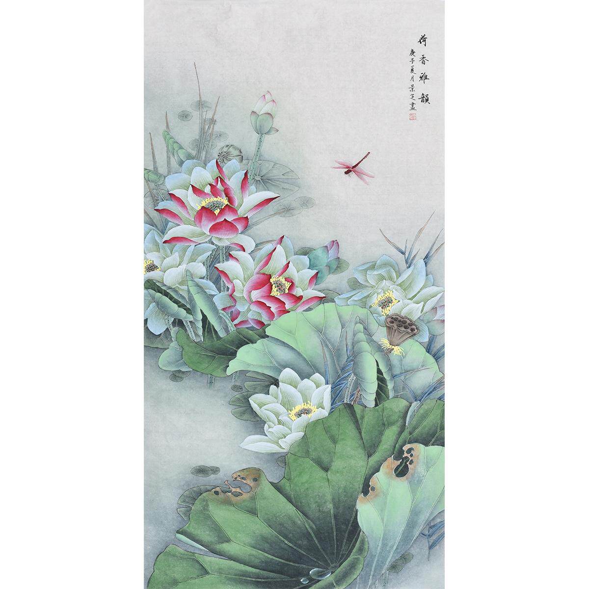 百年好合并蒂莲荷花入户玄关装饰画国画工笔画花鸟画走廊过道挂画