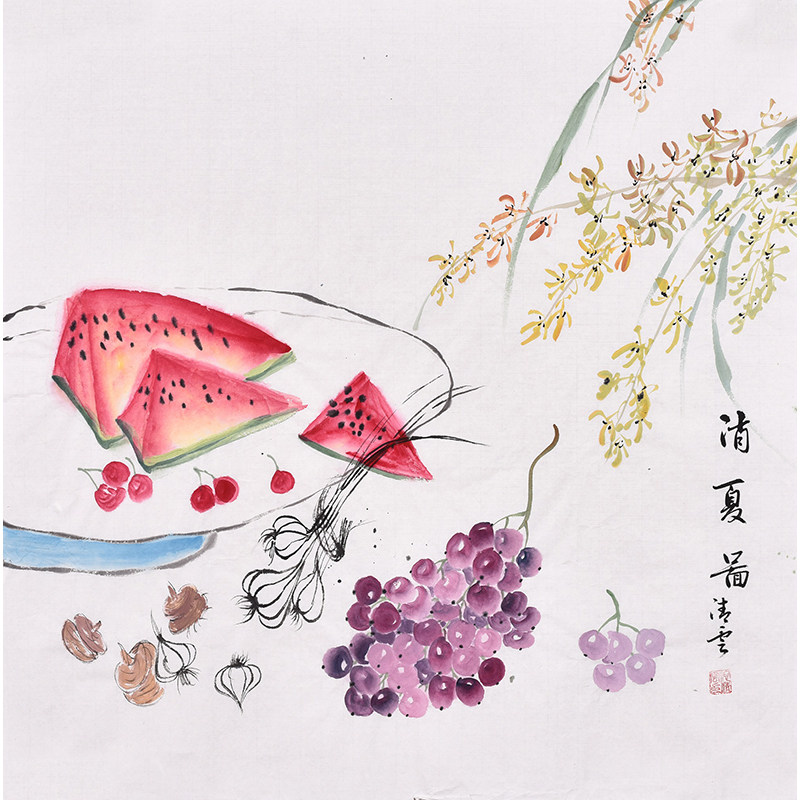 清华美院国画名家池老师手绘花鸟画秋实图蔬果图葡萄西瓜硕果累累