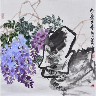 纯手绘水墨花鸟画紫藤国画紫气东来中式书房挂画高端玄关装饰画