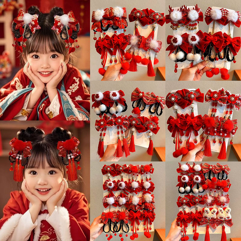新年红色发饰2026新款蝴蝶结夹子可爱毛绒发卡头饰对夹过年发夹女