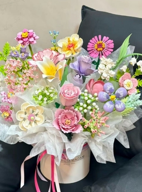 积木花抱抱桶七彩玫瑰花束手工拼装diy全套材料送男女生节日礼物