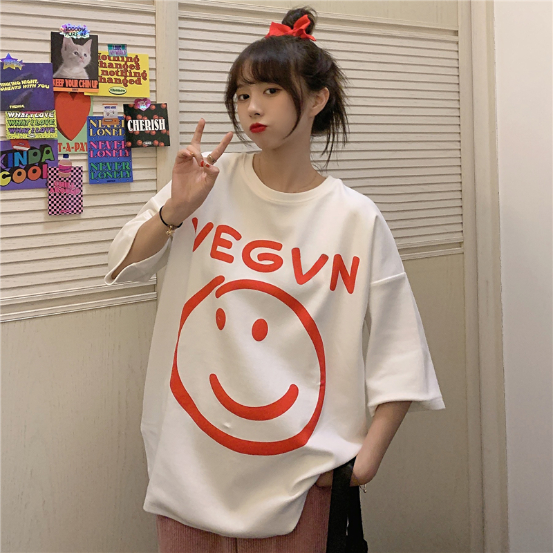 Real photo smiley face cartoon printed short sleeve T-shirt women's loose size medium length