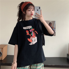 Real shot cotton short sleeve T-shirt women's loose size cartoon printing versatile creativity