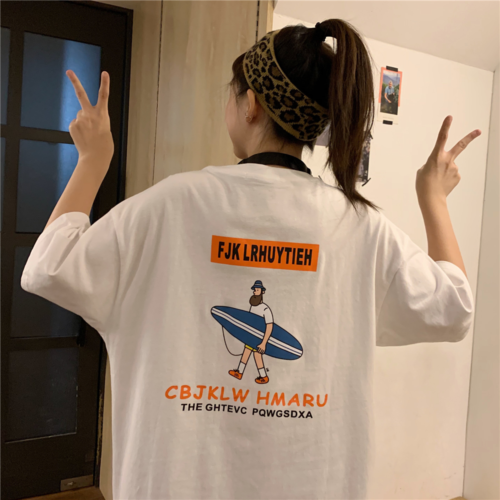 Real photo cotton surfing cartoon loose size women's Short Sleeve T-Shirt